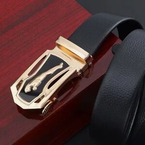 Designer Gold Black Leather Mens Adjustable Ratchet Belt